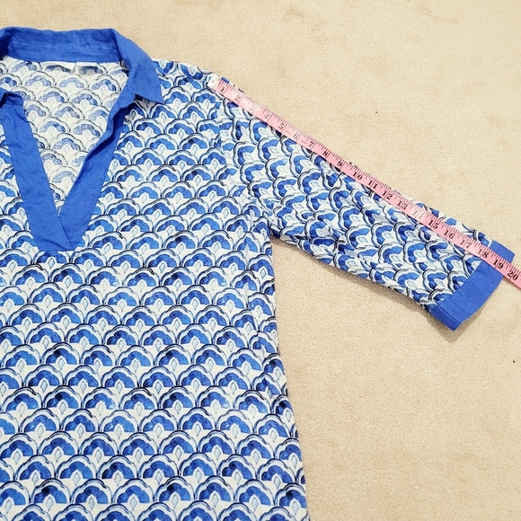 Sigrid Olsen Womens XL 100% Linen Tunic Top Blue White Pattern V-Neck 3/4 Sleeve - Picture 7 of 12